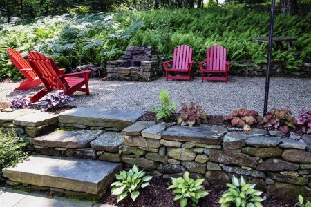 Gravel Patio with Custom Firepit and Retaining Wall with Steps Litchfield County CT